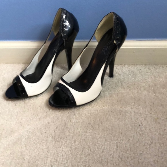 black and white saddle heels